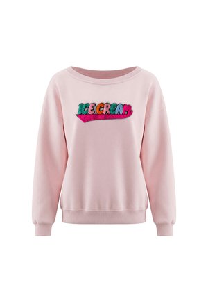 Lyserød langærmet sweatshirt med ribmanchetter og krave, med et farverigt tekstureret "ICE CREAM" tekstdesign på forsiden.