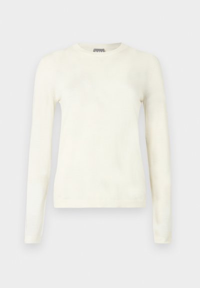 Suéter de malha de mangas compridas, em tom creme, com decote redondo, exibido de forma plana sobre um fundo cinza claro.