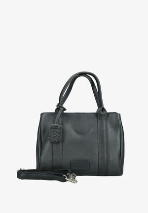 Sac à main en cuir noir avec double anses, bandoulière amovible, logo de la marque embossé sur le devant et étiquette suspendue.