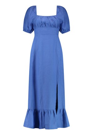 Modrá ľanová šaty s krátkymi nafúknutými rukávmi, štvorcovým výstrihom a rozparkom až po stehno. Má zhromaždený predmet a rozšírený volánový lem.