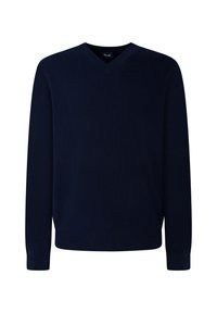 Granatowy sweter w serek wykonany z miękkiego dzianiny, z długimi rękawami i ściągaczami, charakteryzujący się gładką teksturą i minimalnymi detalami.