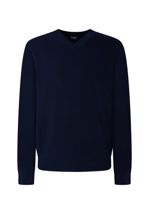 Granatowy sweter w serek wykonany z miękkiego dzianiny, z długimi rękawami i ściągaczami, charakteryzujący się gładką teksturą i minimalnymi detalami.