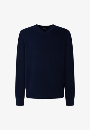 Maglione blu navy a scollo a V realizzato in morbido materiale a maglia, con maniche lunghe e polsini a costine, caratterizzato da una texture liscia e dettagli minimi.
