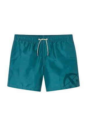 Türkisfarbene Badeshorts mit elastischem Bund und weißem Kordelzug, mit einem dezenten dunklen Motiv am unteren rechten Bein.