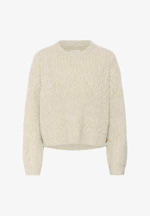 Krémový sveter s pleteným vzorom, okrúhlym výstrihom a skráteným strihom, so štruktúrovanými vzormi po celej látke. Hladké manžety a spodný lem.