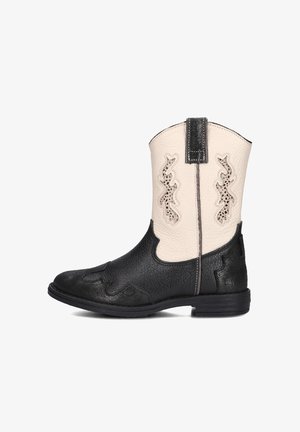Zwarte en crèmekleurige cowboylaarzen met een gestructureerde afwerking, voorzien van decoratieve uitsparingen op de crèmekleurige schacht en een lage hak.