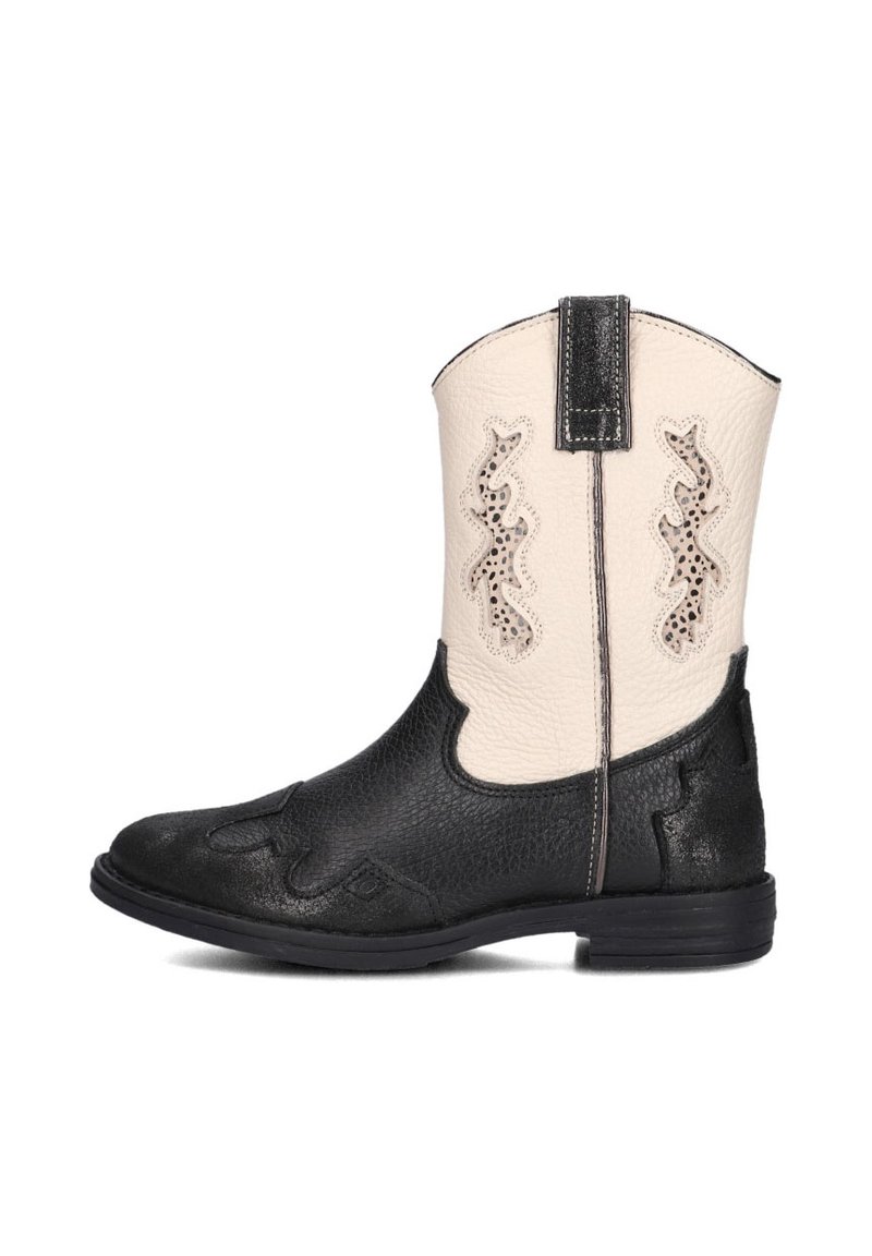 Zwarte en crèmekleurige cowboylaarzen met een gestructureerde afwerking, voorzien van decoratieve uitsparingen op de crèmekleurige schacht en een lage hak.