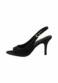 Zwarte suède slingback hoge sandalen met een open teen, een gouden sluitingaccent op de band en een taps toelopende hoge hak. Gladde textuur.