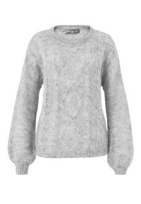 Pull en maille torsadée gris clair. Il présente un col arrondi, des manches bouffantes et des motifs texturés sur tout le corps et les manches.