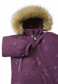 Purple insulated jacket featuring a faux fur-lined hood, elastic cuffs, and subtle animal patterns; includes a front zipper and buttons.