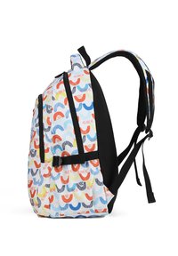 Backpack with a multicolored, abstract wave pattern. Made of durable fabric, featuring black straps and zippers. Smooth texture.