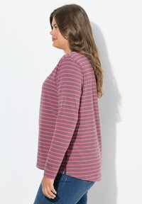 Långärmad grå tröja med rosa horisontella ränder, med en rundad nederkant och logotypdetalj på ärmen, tillverkad av mjukt, stretchtåligt tyg.