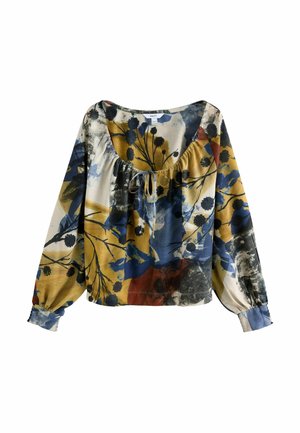 Blouse à manches longues avec un col rond à nouer, ornée d'un imprimé floral abstrait en moutarde, bleu marine, noir, blanc et rouille.