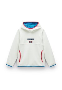 Felpa bianca in pile con accenti rossi e blu, una grafica frontale e tasche laterali. Presenta un grande cappuccio e polsini a coste.