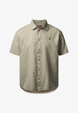 Korte mouw, lichtbeige button-up shirt van linnen, met een subtiele textuur en een klein geborduurd logo op de borst.