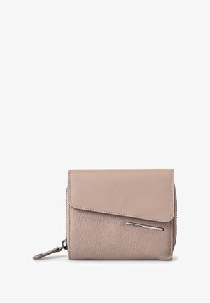 Portafoglio in pelle rosa chiaro con superficie texture, dotato di chiusura a scatto e logo in accento metallico. Dettaglio con zip sul lato.