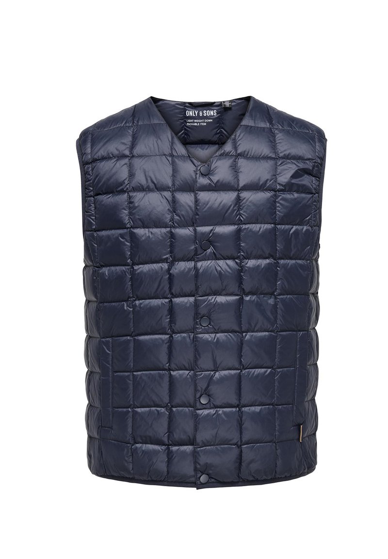 Chaleco acolchado azul marino, con un diseño de acolchado en patrones cuadrados, botones a presión y escote en V. Material ligero y fácil de empaquetar.