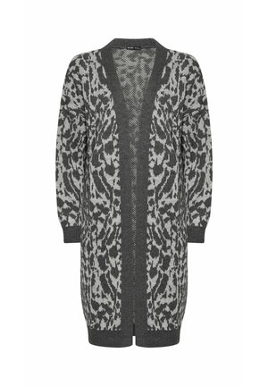 Stickad cardigan i grått och svart med leopardmönster, öppen fram, lång ärm och ribbade mudd och nederkant. Lätt vikt.