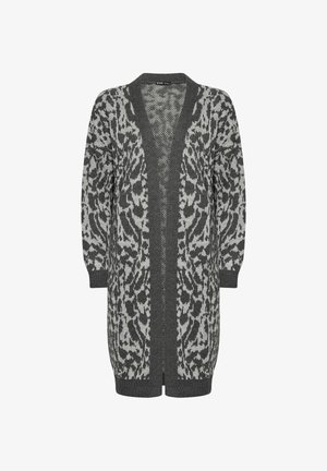 Gebreide cardigan in grijs en zwart met een luipaardpatroon, open voorkant, lange mouwen en geribde manchet- en zoomdetails. Lichte textuur.