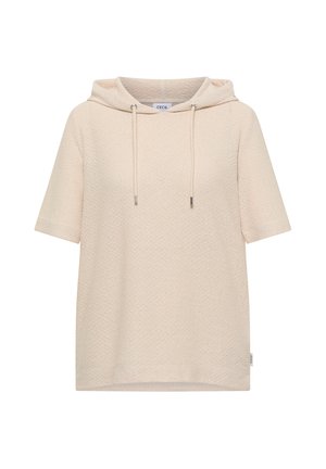 Sweat à capuche beige texturé à manches courtes avec cordons à l'avant et coupe décontractée, adapté à un usage décontracté.