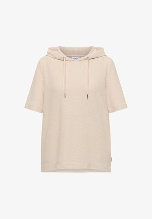 Beige textuur hoodie met korte mouwen, vooraan koordjes en een losse pasvorm, geschikt voor casual gebruik.