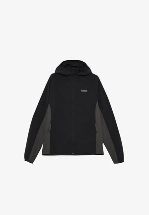 Czarna bluza z kapturem na zamek, z szarymi bocznymi panelami, elastycznymi mankietami, kieszeniami na zamek oraz logo "HALO" na lewej piersi.