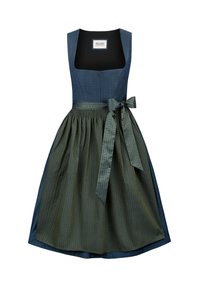 Traditional dirndl dress with a dark blue bodice and a green patterned skirt. Features a smocked waist and a satin ribbon tie at the waist.