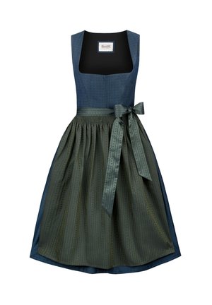 Traditionelles Dirndl mit einem dunkelblauen Oberteil und einem grün gemusterten Rock. Es hat eine geraffte Taille und ein Satinband zum Binden an der Taille.