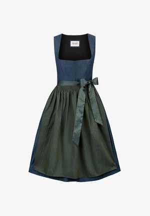 Traditionelles Dirndl mit einem dunkelblauen Oberteil und einem grün gemusterten Rock. Es hat eine geraffte Taille und ein Satinband zum Binden an der Taille.