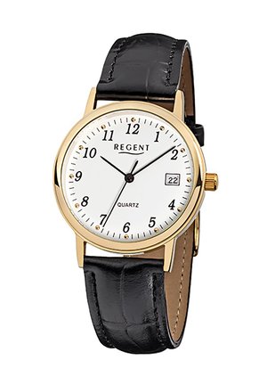 Gold-tone quartz watch with a white dial, black leather strap, black hour and minute hands, date display at 3 o'clock, and gold accents.