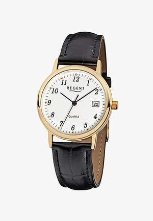 Gold-tone quartz watch with a white dial, black leather strap, black hour and minute hands, date display at 3 o'clock, and gold accents.