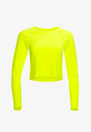 Langärmliges, kurzes Oberteil in leuchtendem Neon-Gelb, aus leichtem, glattem Stoff gefertigt. Verfügt über einen runden Ausschnitt und eng anliegende Ärmel.