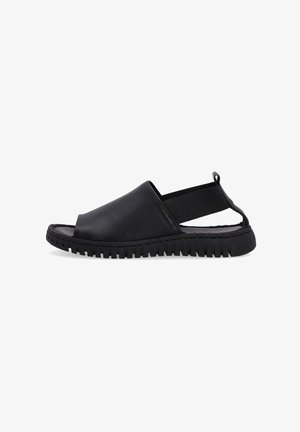 Black open-toe sandal with a thick tread sole, elastic back strap, and smooth leather upper, designed for casual wear.
