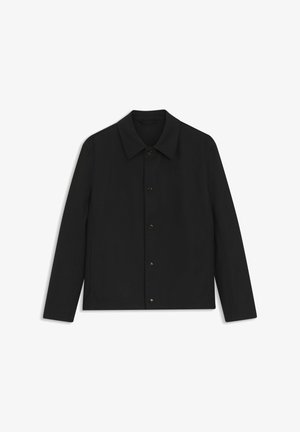 Black long-sleeve button-up jacket with collar, laid flat on a white background.