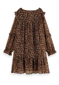 Robe longue à manches longues, ample, avec imprimé animalier marron, noir et beige, poignets à volants et jupe à étages.