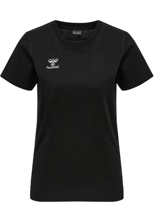 T-shirt en coton noir à manches courtes, col rond, avec un petit logo blanc sur la poitrine, ayant une coupe standard et une texture lisse.