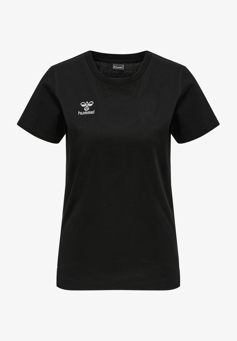 Czarna bawełniana koszulka z krótkim rękawem, okrągłym dekoltem i małym białym logo na piersi, charakteryzująca się standardowym krojem i gładką fakturą.