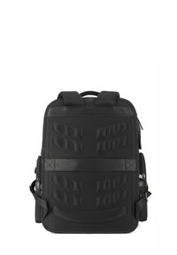 Zaino nero con tasca frontale imbottita, spallacci regolabili e molteplici tasche con zip. Realizzato in un tessuto durevole e strutturato.
