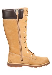 Botte en cuir tan jusqu'au genou avec un col rembourré marron, une fermeture éclair sur le côté, des lacets orange et jaune, et une semelle en caoutchouc texturée.