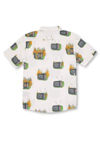 Chemise blanche à manches courtes avec des téléviseurs vintages verts imprimés partout, certains affichant de la neige statique et d'autres enveloppés de flammes orange.