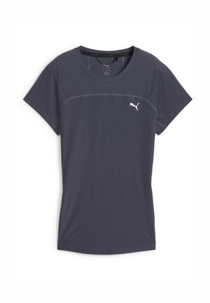 Dunkelgraues sportliches T-Shirt mit kurzen Ärmeln, Rundhalsausschnitt und kleinem weißem Puma-Logo auf der linken Brust.