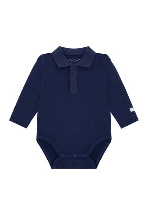 Donkerblauwe babybody met lange mouwen, een kraagje, twee knoopjes aan de voorkant en drukknoopjes aan de onderkant, geschikt voor zuigelingen.