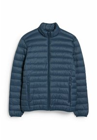 Doudoune matelassée marine avec fermeture éclair frontale, col montant et design matelassé horizontal. Comprend deux poches latérales et des poignets élastiqués.