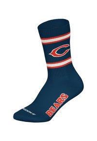 Marineblauwe sokken met oranje en witte strepen aan de bovenkant, voorzien van een logo en "BEARS" in het wit aan de zijkant gedrukt. Gemaakt van ademend materiaal.