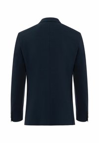 Dunkelblazer mit strukturierter Silhouette, Einzelrückenventil und langen Ärmeln. Verfügt über zwei Knöpfe an den Manschetten und hat eine glatte Stofftextur.
