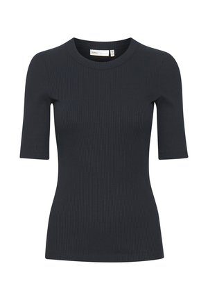 Top corto a maniche corte ribbed di un blu navy scuro con scollatura rotonda, realizzato in materiale elastico, caratterizzato da una silhouette aderente e una texture sottile.