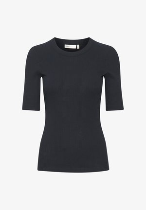 Sötét tengerészkék bordázott, rövid ujjú felső, kerek nyakkivágással, rugalmas anyagból készült, testhezálló fazonnal és finom textúrával.