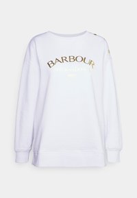 Bílá mikina s dlouhými rukávy a zlatým nápisem "BARBOUR INTERNATIONAL", s žebrovanými manžetami a zlatými knoflíky na levém ramenním švu.