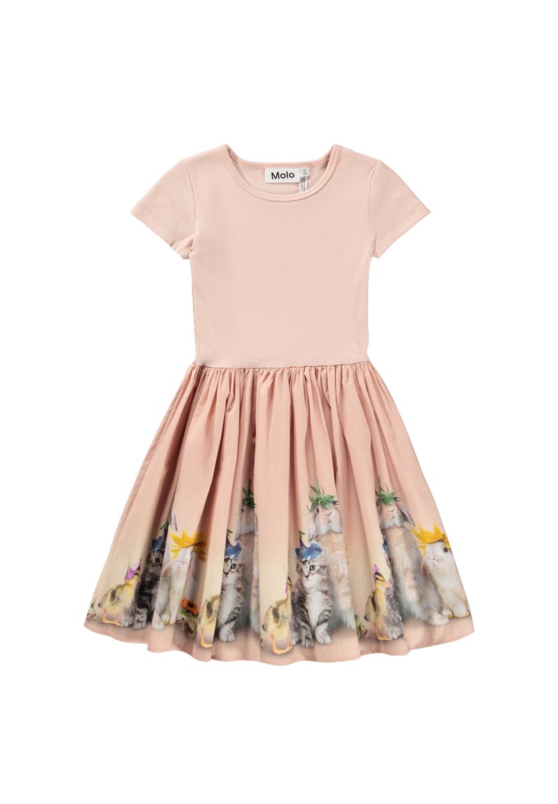 Svijetlo ružičasta pamučna haljina s kratkim rukavima. Pristajajući gornji dio i lepršava suknja s šarenim ilustracijama mačaka na rubu.