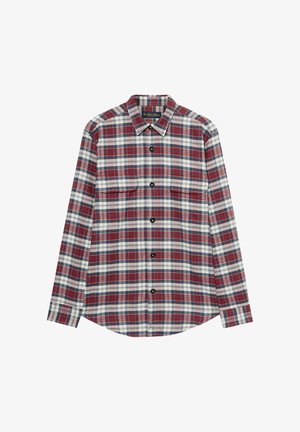 Czerwono-granatowa koszula w kratę z długim rękawem, kołnierzykiem, zapięciem na guziki z przodu i dwiema kieszeniami na piersi. Wykonana z tkanej tkaniny o gładkiej fakturze.